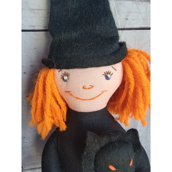 Witch Doll With Black cat Plush Handmade Halloween Toy 14in Halloween Decor - Picture 3 of 7